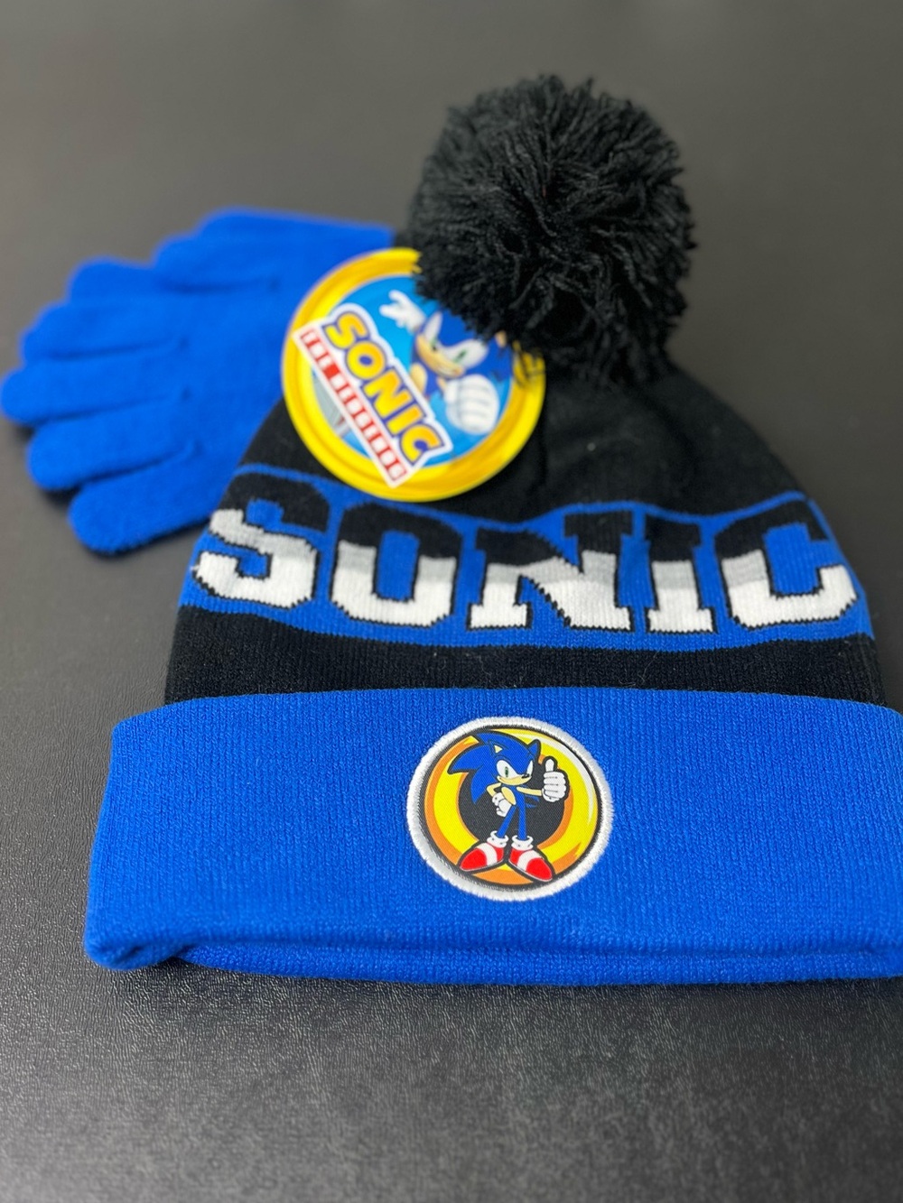 Sonic The Hedgehog Blue & Black Pom Beanie with Matching Gloves